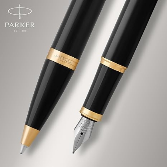 صورة  طقم قلم جاف و حبر اطار أسود لامع مع حافة ذهبية، مع حبر زرقاء ، PARKER