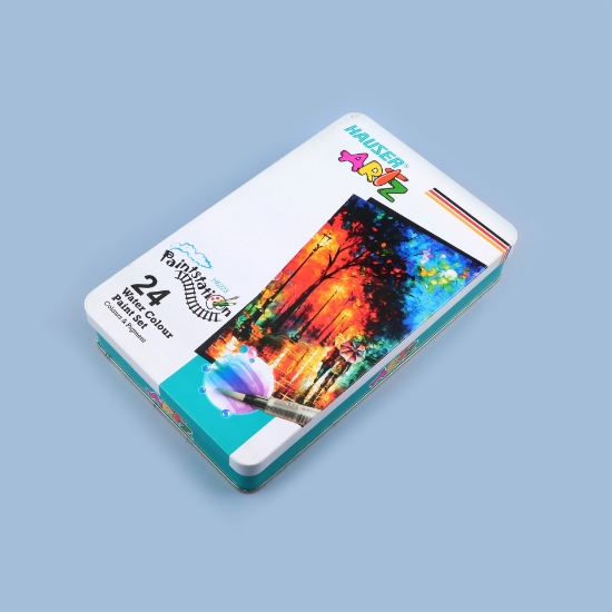 صورة طقم 24 لون مائي اقراص مع الفرش والورق علبة معدنية H6348-HAUSER